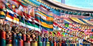 球迷欢呼庆祝插图 - 不同球队旗帜飘扬